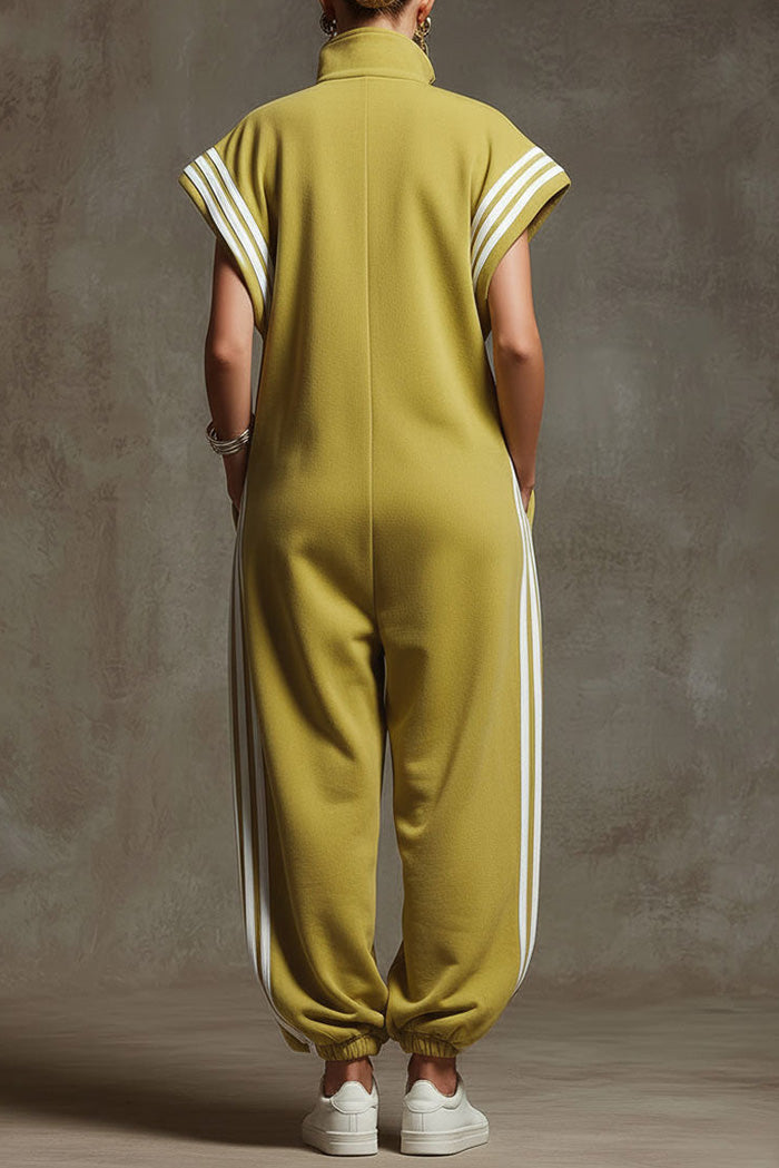 Sporty Pocket Yellow-Green Sleeveless Jumpsuit