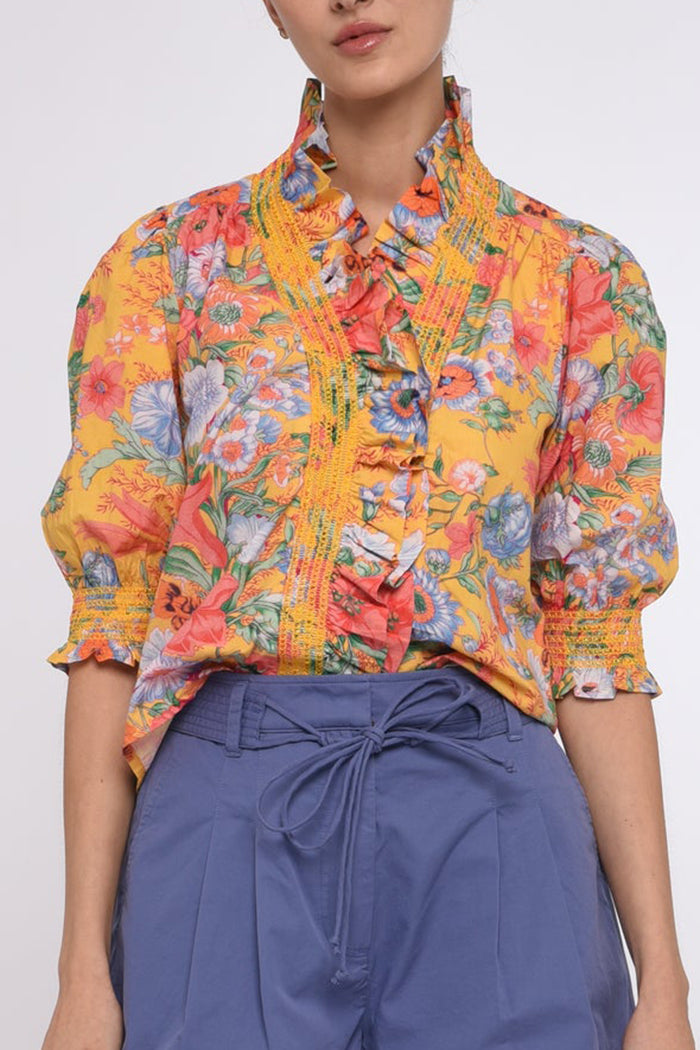 Yellow Floral Ruffle Front Puff Sleeve Top