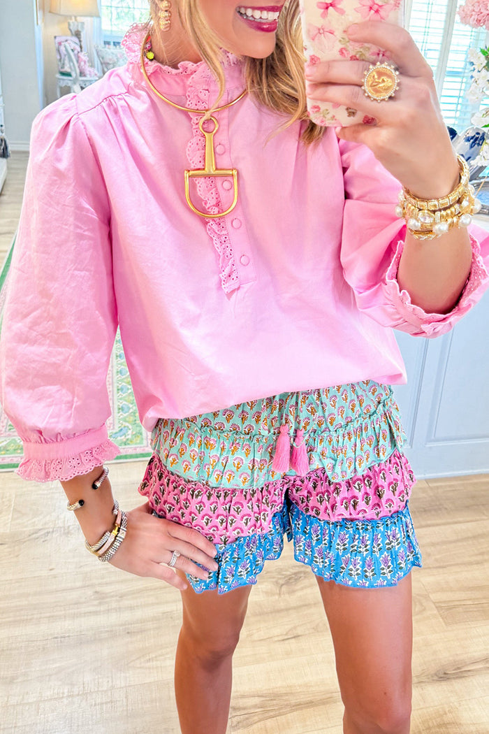 Pink 3/4 Sleeve Eyelet Accent Top