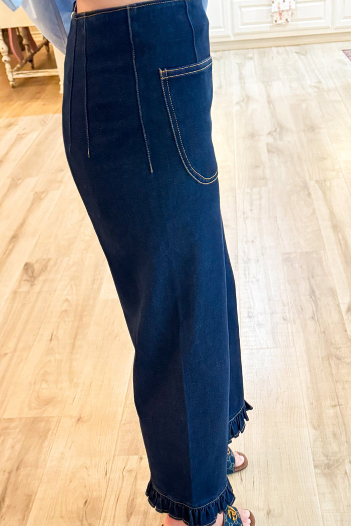 Denim Pocket Washed Ruffle Hem Pants