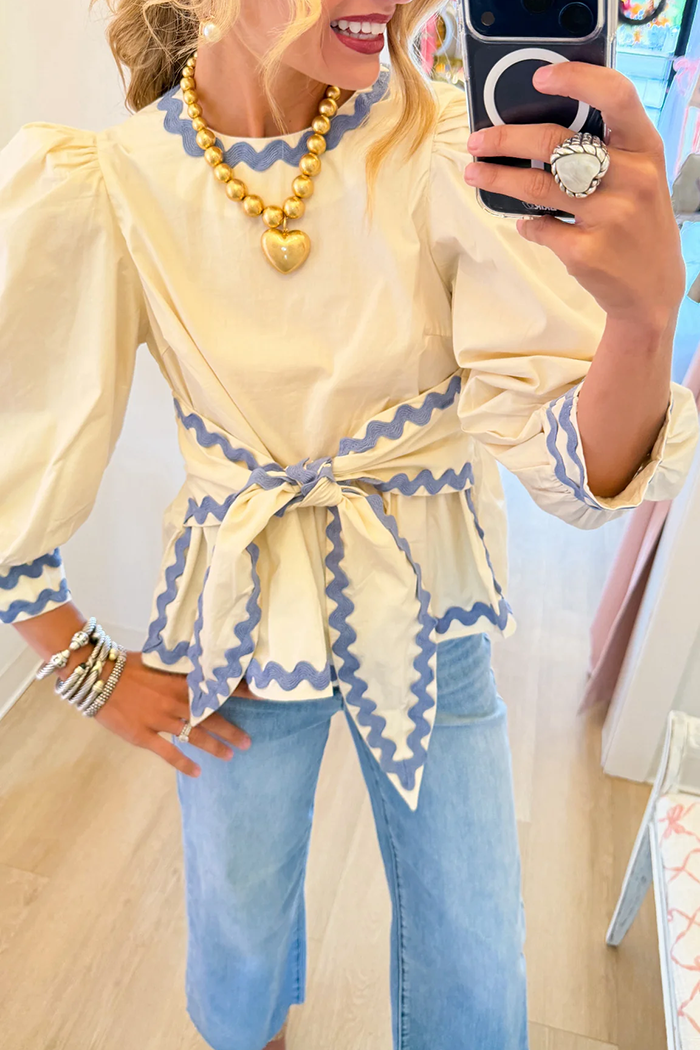 Ecru Blue Ric Rac Waist Tie Top
