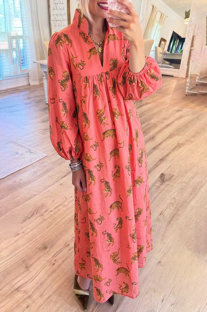 Tiger Print Stand Collar Balloon Sleeves Pockets Maxi Dress