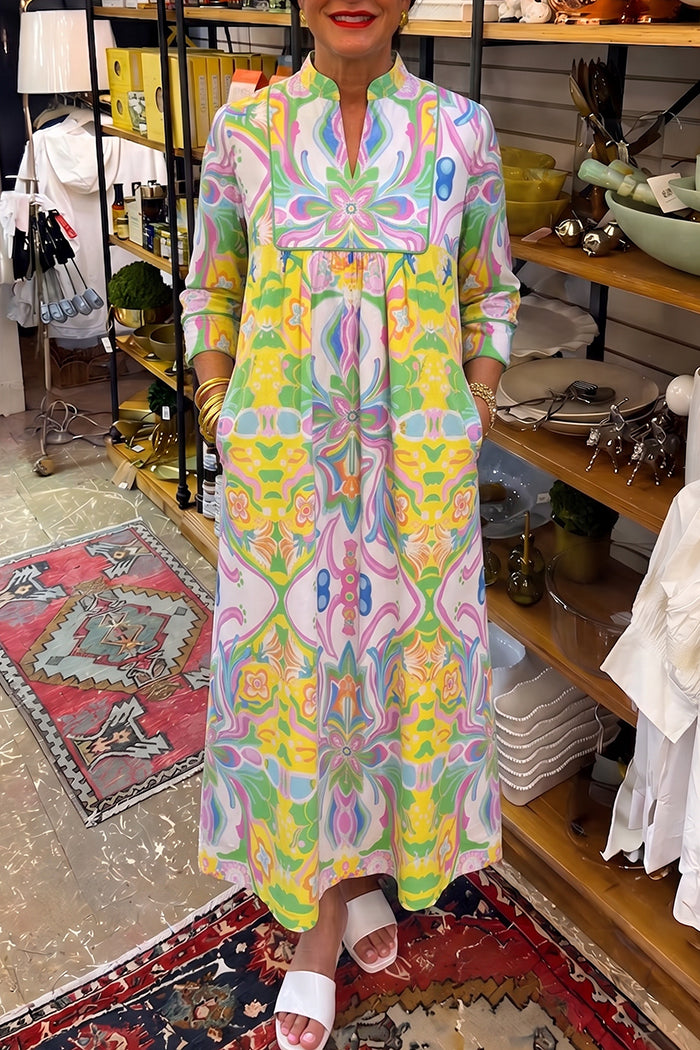 Gathered Front Print Pocket Maxi Dress
