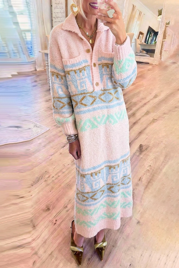 Light Pink Large Chest Pockets Geo Knit Maxi Dress