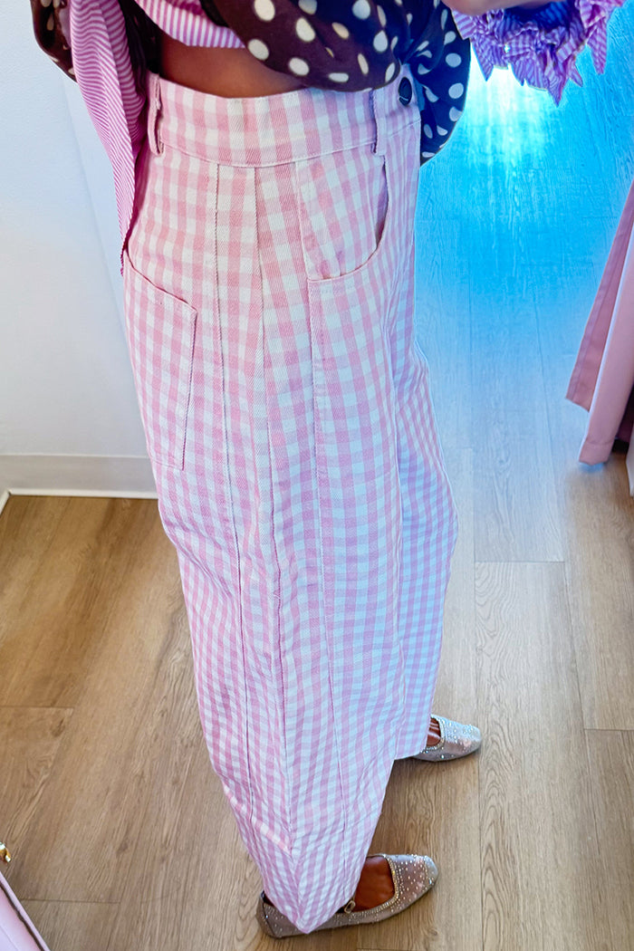 Pink Gingham Twill Barrel Pants