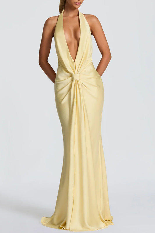 Plunge Halter Open Back Ruched Maxi Dress