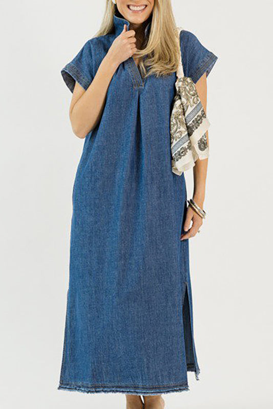 Denim Pocket Split Raw Hem Midi Dress