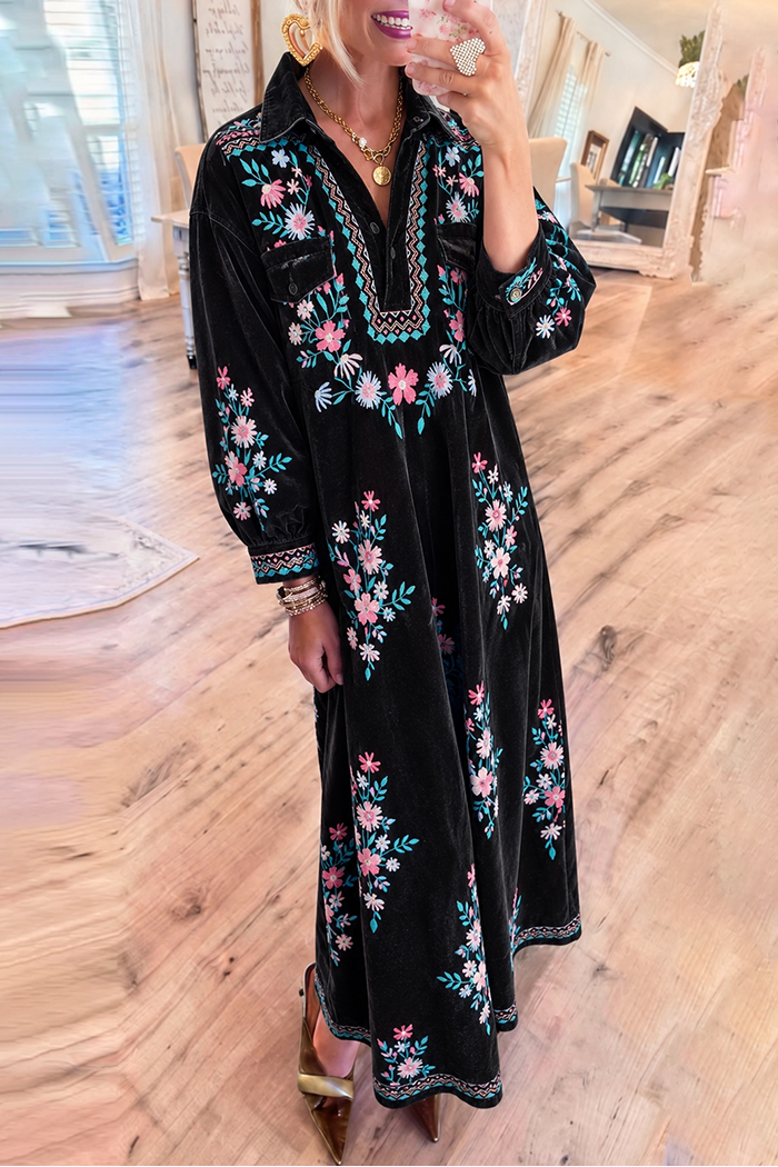 Black Boho Embroidery Velvet Pockets Maxi Dress