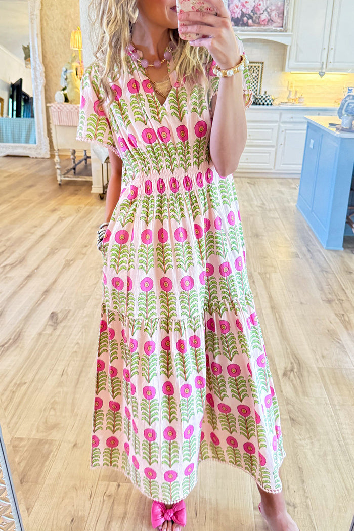 Floral Print Lace Trim Midi Dress