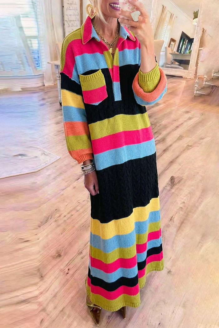 Color Block Stripe Knit Collared Half Button Pockets Maxi Dress
