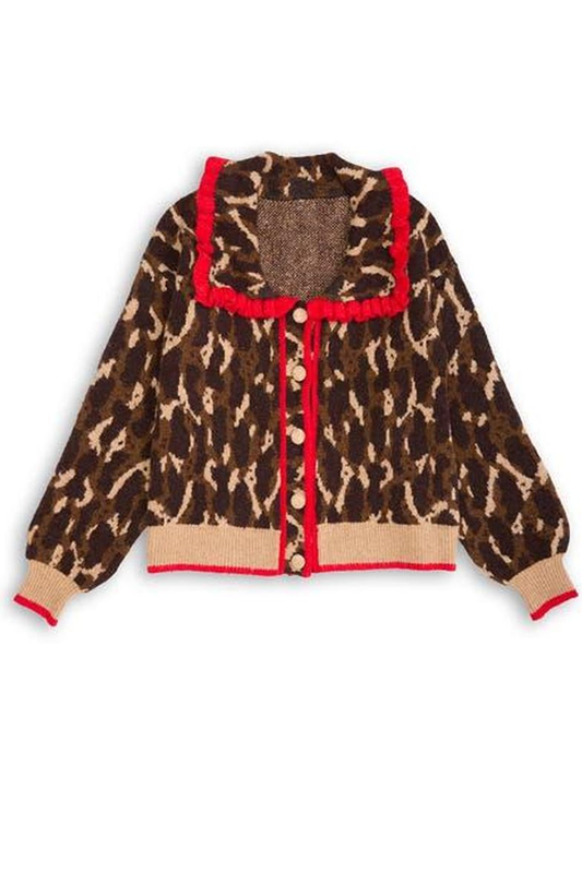Leopard Ruffle Collar Button Cardigan