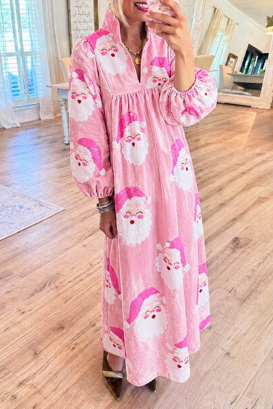 Bubble Sleeve Sequin Santa Velvet Bow Maxi Dress