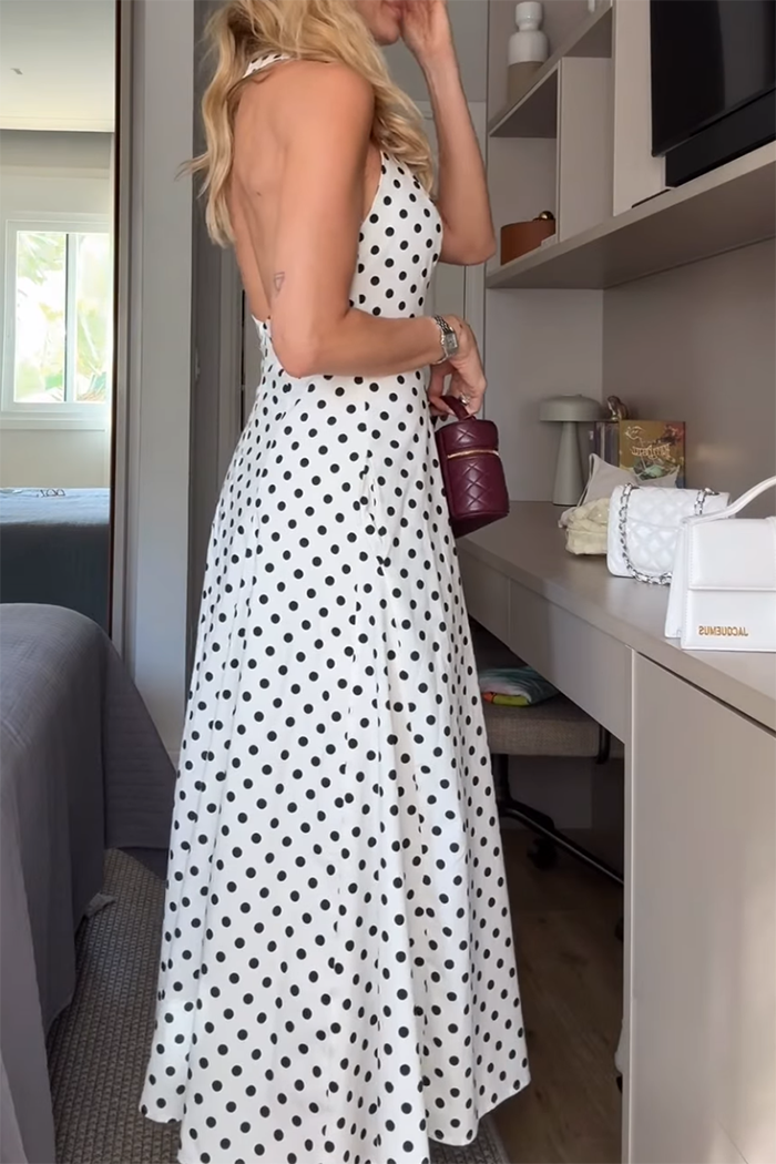 Pocketed Halter Neck Polka Dot Maxi Dress