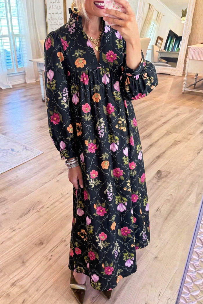 Ruffle Stand Collar Colorful Floral Pocket Maxi Dress