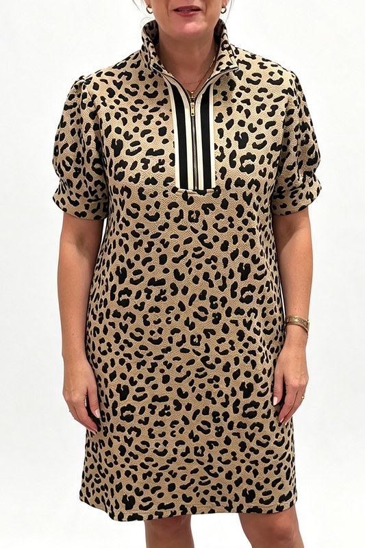 Stand Collar Half Zip Puff Short Sleeve Leopard Print Dress