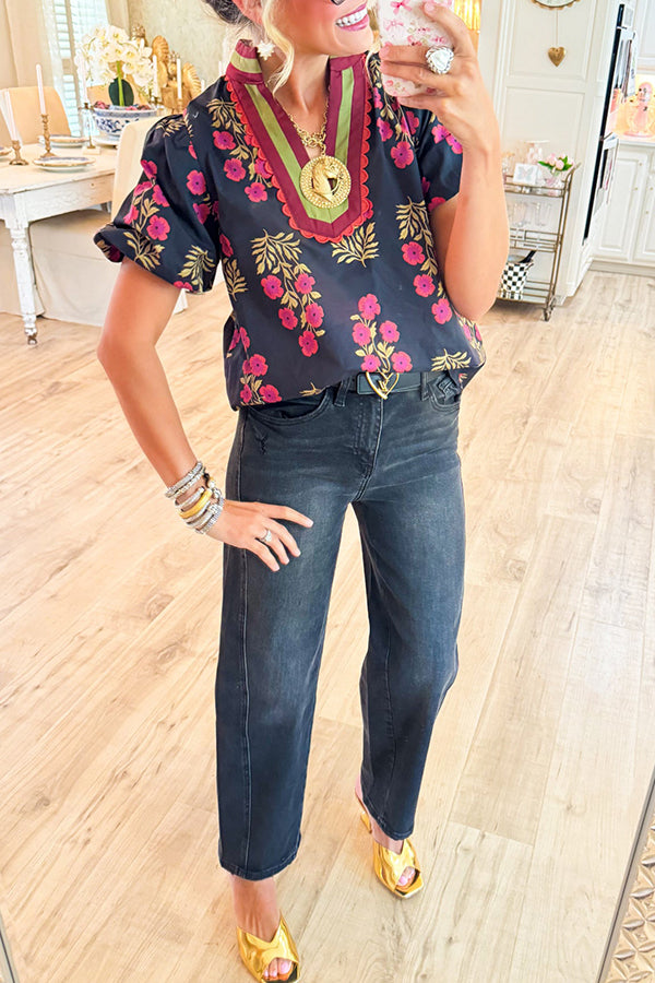 Floral Print Bubble Sleeve Top