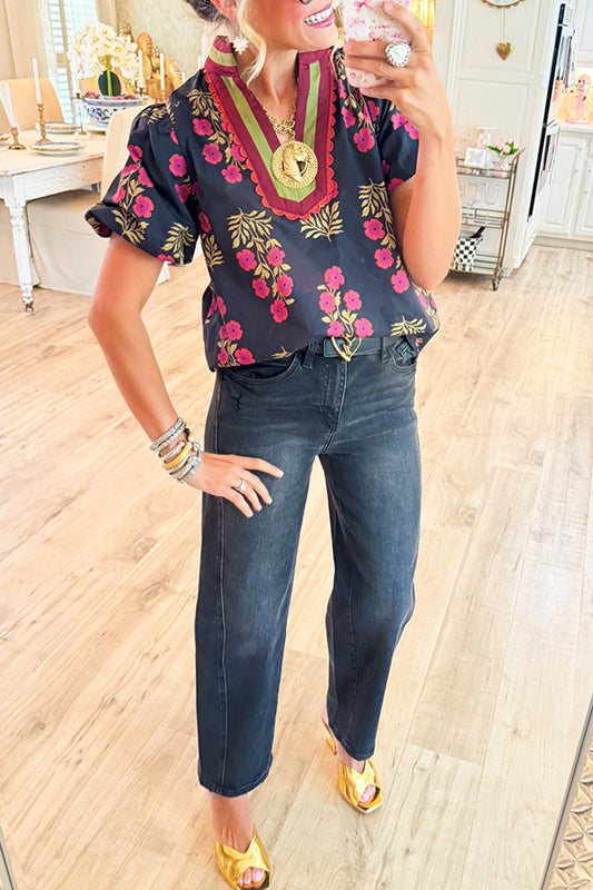 Floral Print Bubble Sleeve Top