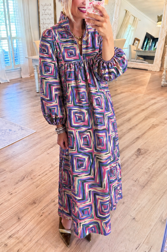Stand Collar Geometric Pattern Pocket Maxi Dress