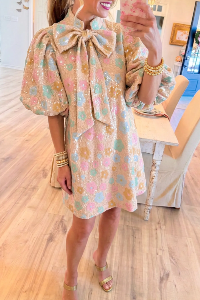 Colorful Sequin Puff Sleeve Dress