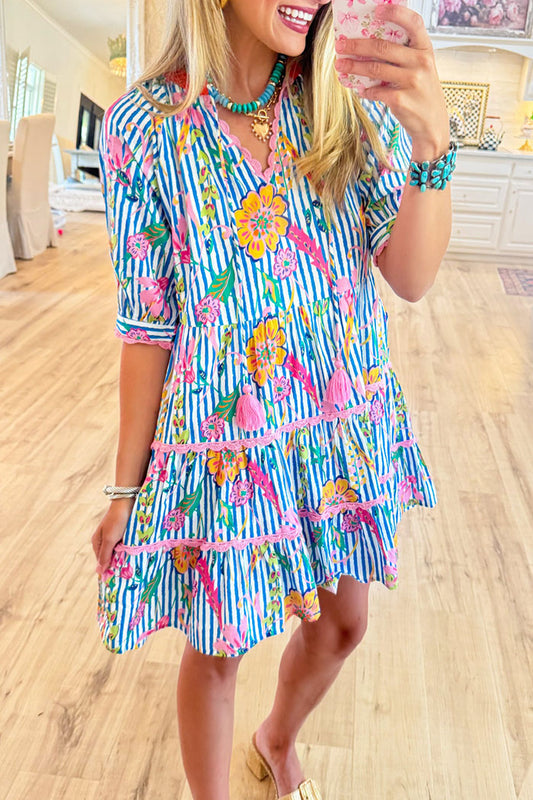 Floral Stripe Frilled Neck Dress