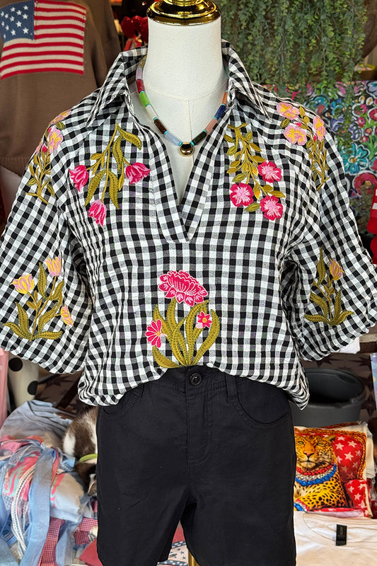 Gingham Floral Puff Sleeve Top