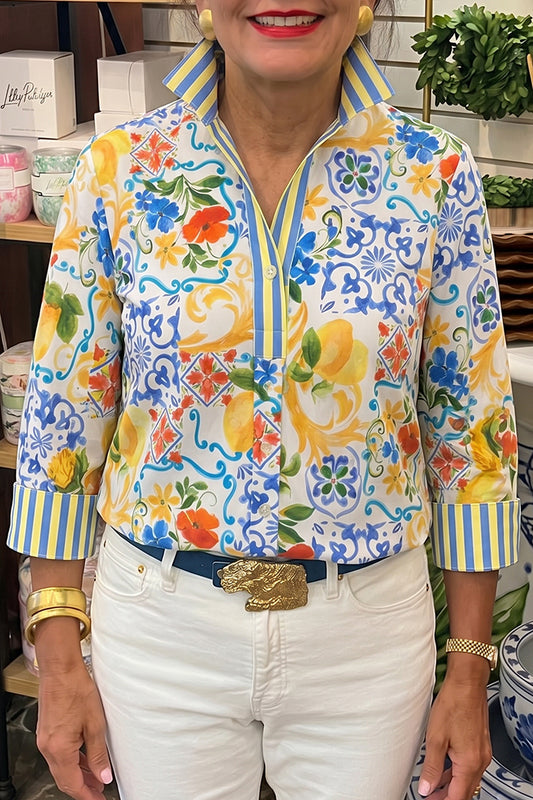 Mediterranean Cuff Trim Popover Top