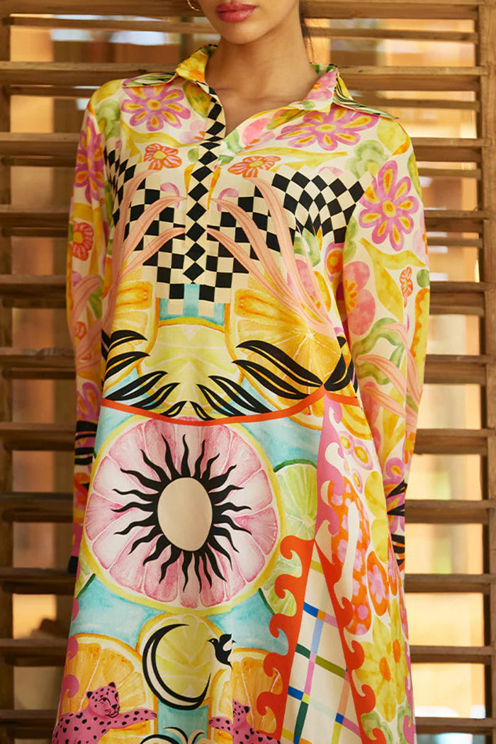 Vibrant Mixed-Print Maxi Shirt Dress