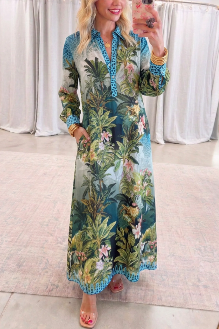 Casual Botanical Print Leopard Trim Dress