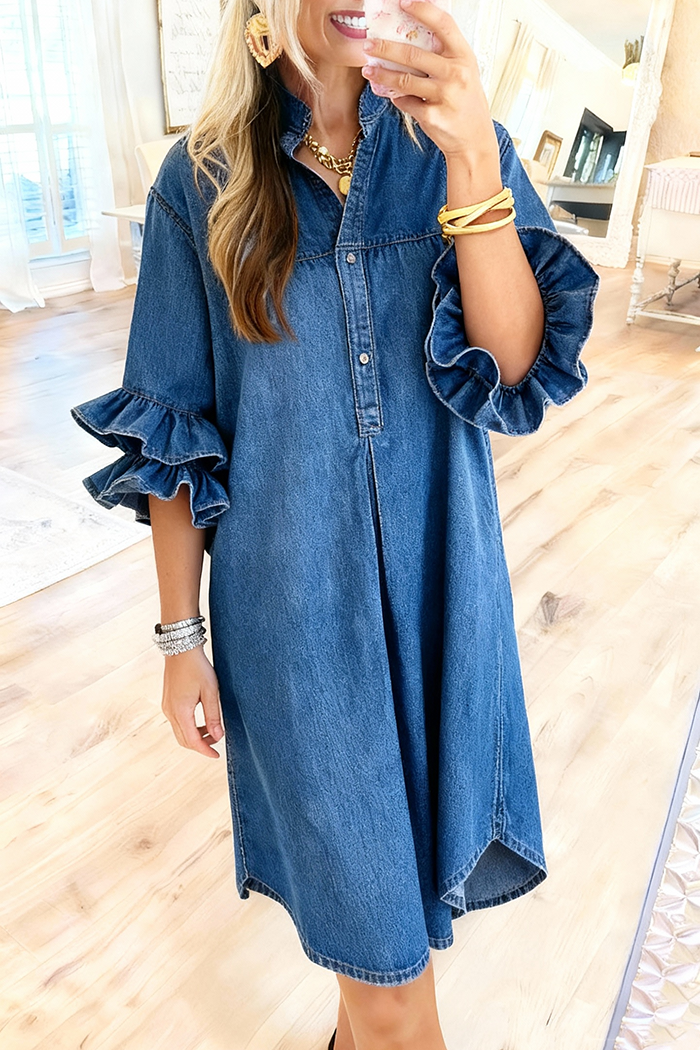 Layered Ruffle Sleeve Denim Dress