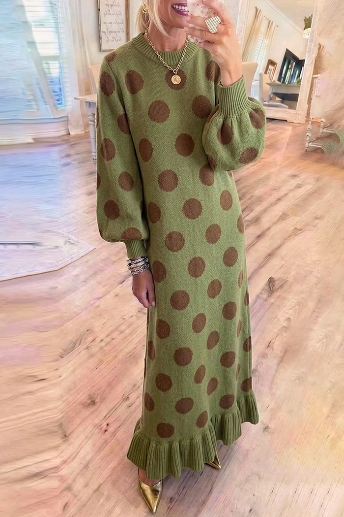 Polka Dot Knit Crew Neck Ruffle Hem Maxi Dress