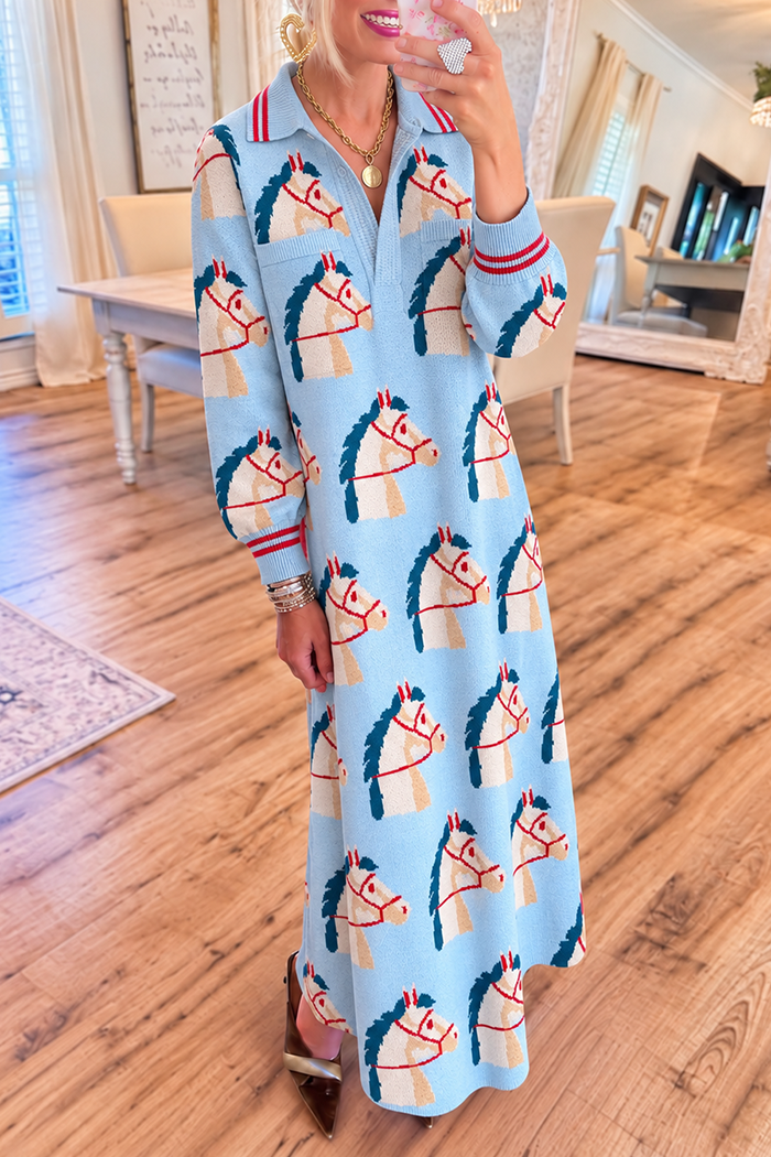 Light Blue Horse Knit Maxi Dress