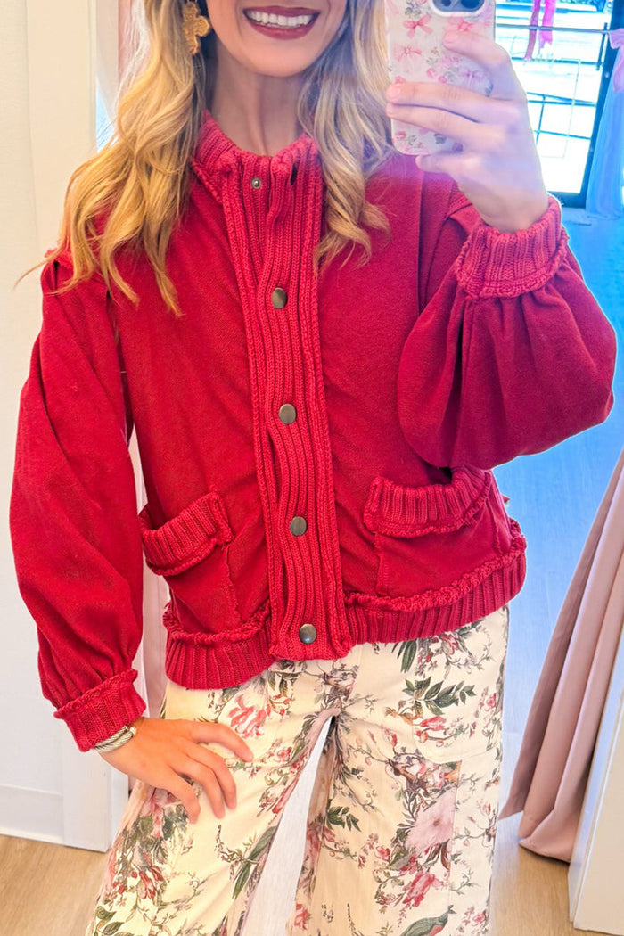 Washed Ribbed Knit Trim Pocket Cardigan Jacket