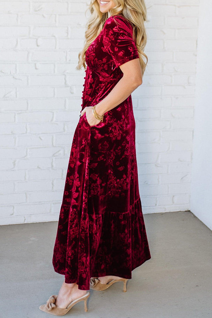 Embossed Button Front Pocket Velvet Maxi Dress