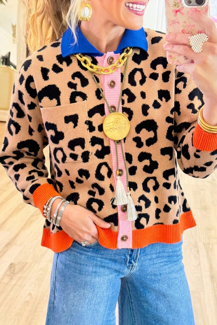Leopard Knit Contrast Trim Button Sweater