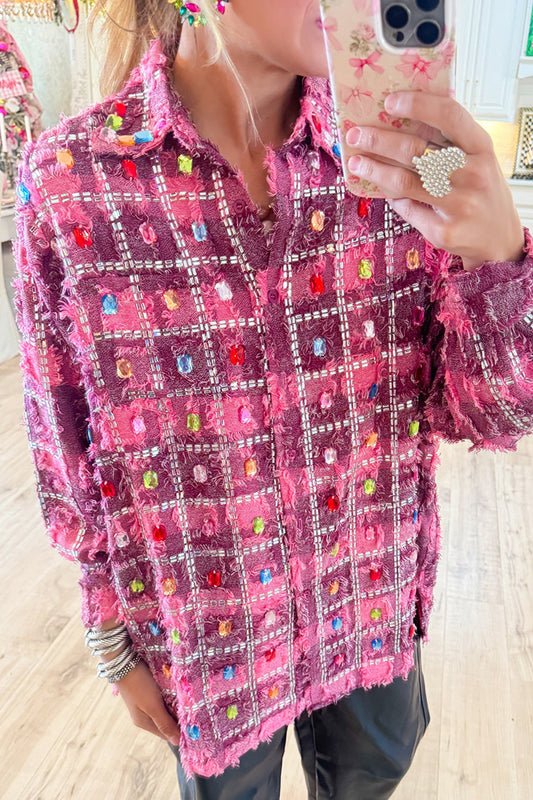 Chic Rhinestone Checkered Shirt