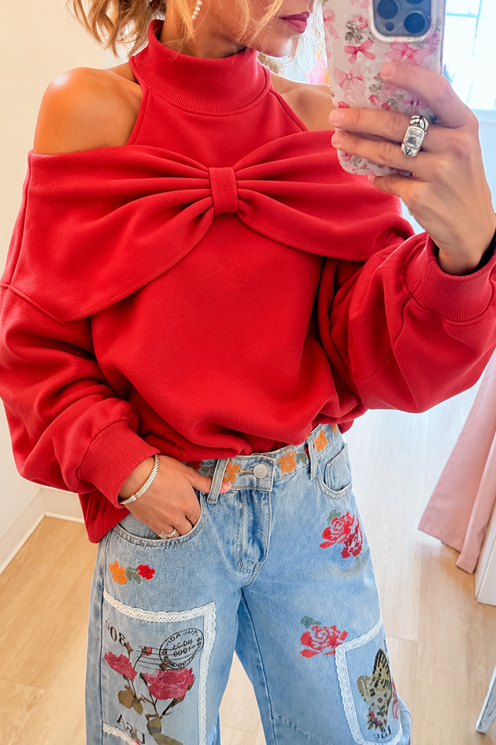 Cold Shoulder Big Bow Mock Neck Long Sleeve Top