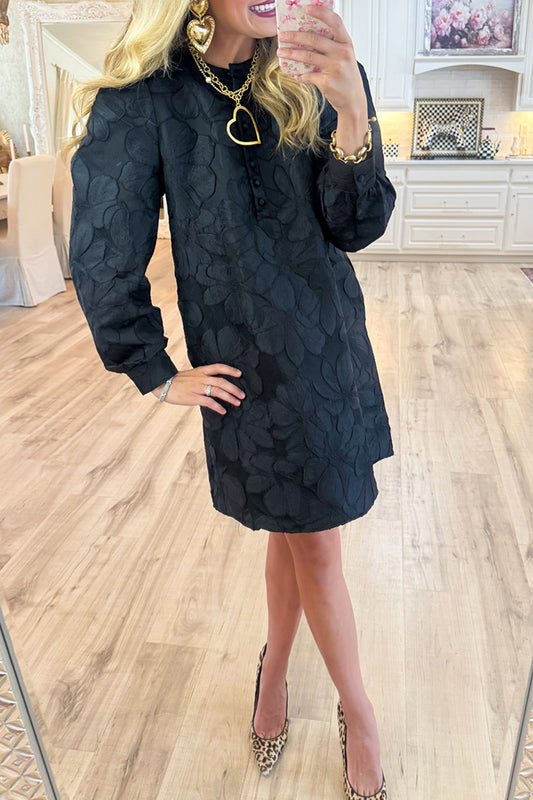 Floral Jacquard Puff Shoulder Dress
