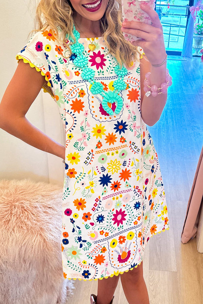 Scallop Trim Multi Floral Dress