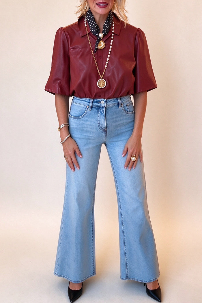 Burgundy Puff Sleeve Faux Leather Top