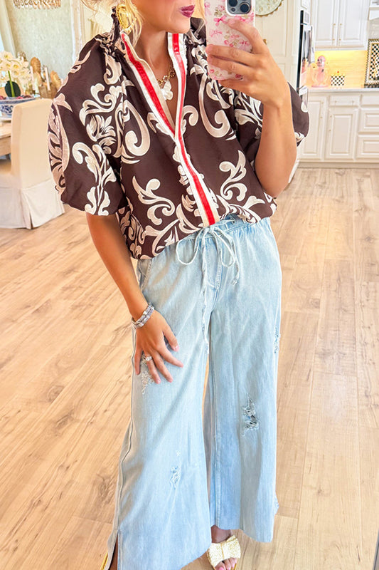 Puff Sleeve Print Detail Top