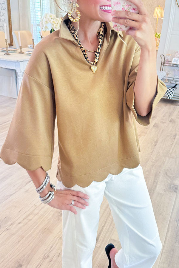 Casual Solid Color Scallop Hem Top