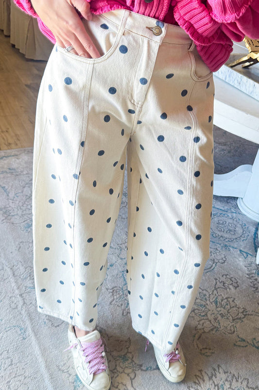 Polka Dot Mid Rise Barrel Leg Jeans
