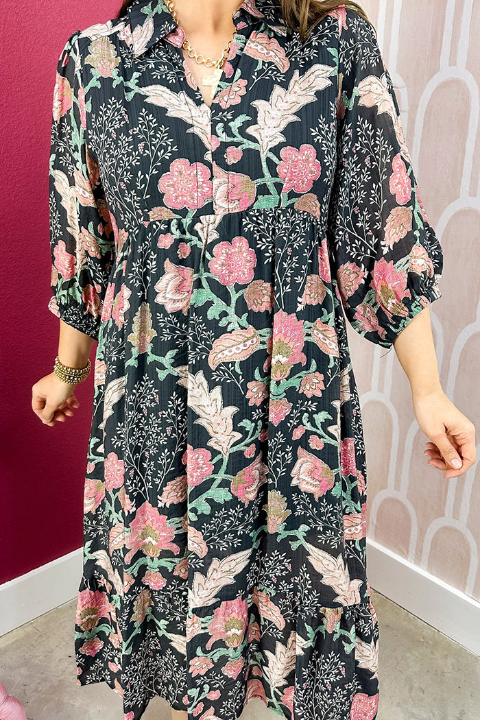 3/4 Sleeve Floral-Print Midi Dress