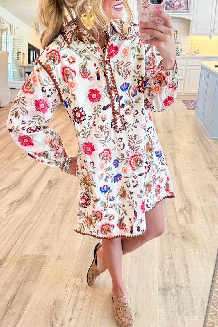 Cream Multi Print Long Sleeve Dress