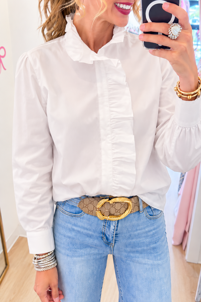 White Ruffle Placket Button Shirt Top