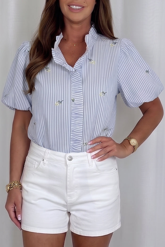 Striped Ruffle Trim Puff Sleeves Top