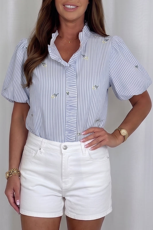 Striped Ruffle Trim Puff Sleeves Top