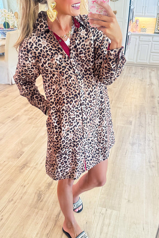 Solid Contrast Accent Leopard Dress