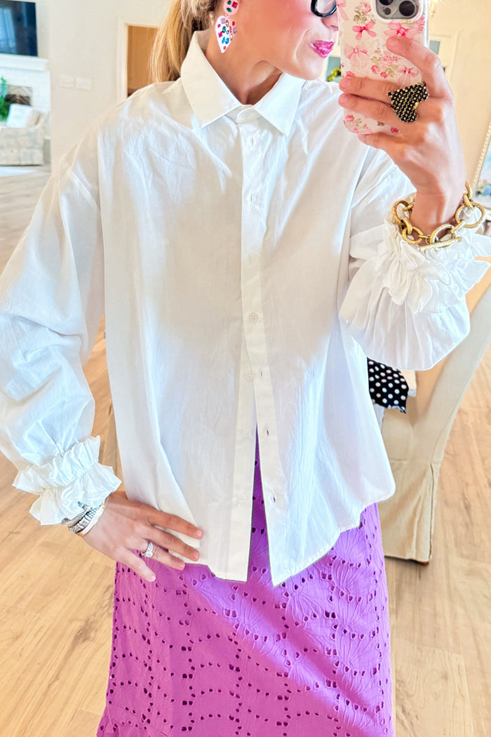Off White Ruffle Detail Button Up Top
