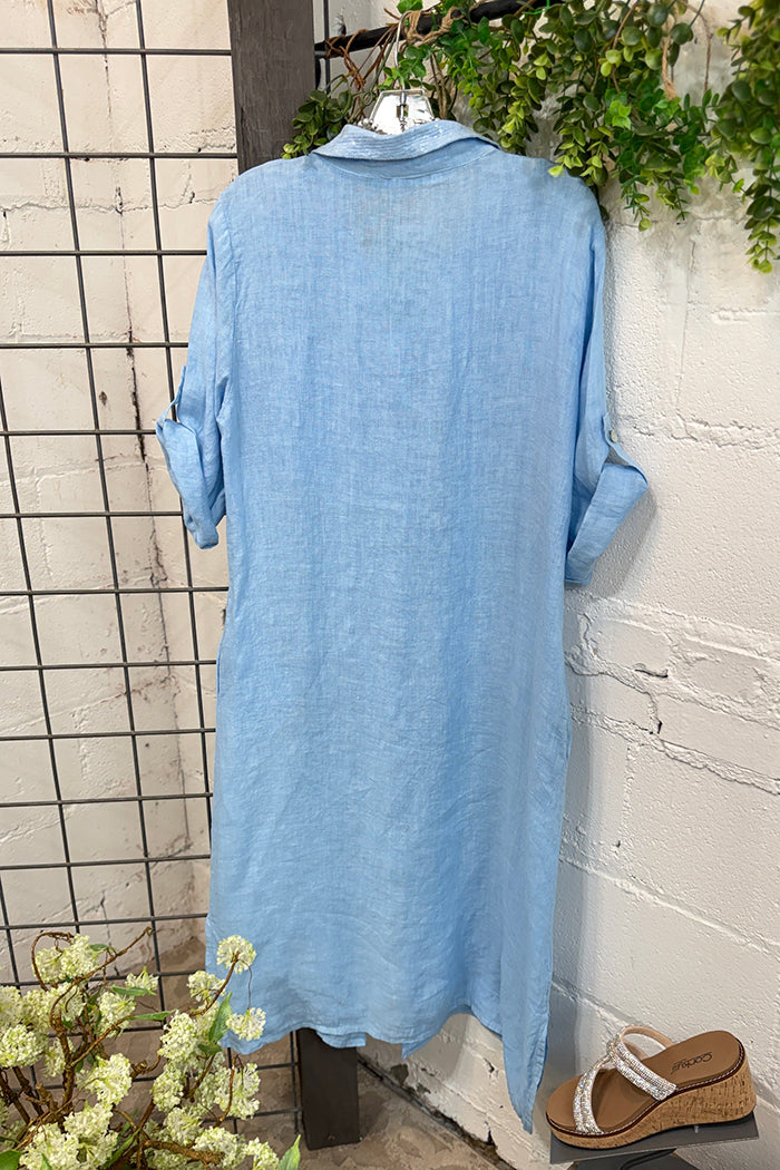 Sequin Pocket Roll Tab Sleeve Shirt Dress